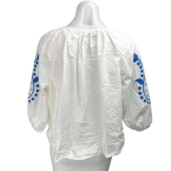 H&M White Blue Floral Paisley Embroidered Half Sleeve Button Down Blouse Top L - Picture 2 of 5